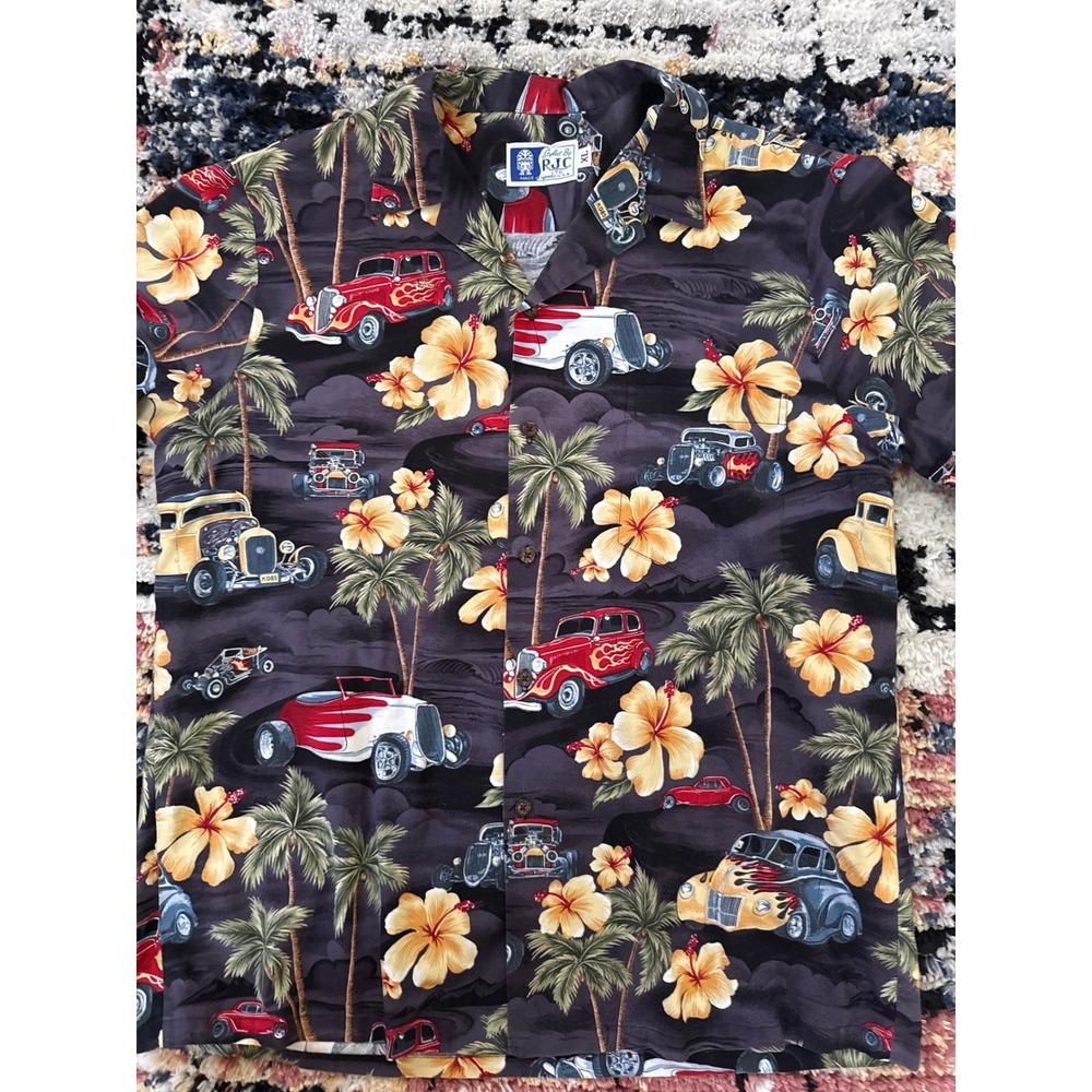 RJC Mens XL Hawaiian Shirt Hot Rod Classic Cars Tropical Hibiscus Made in Hawaii